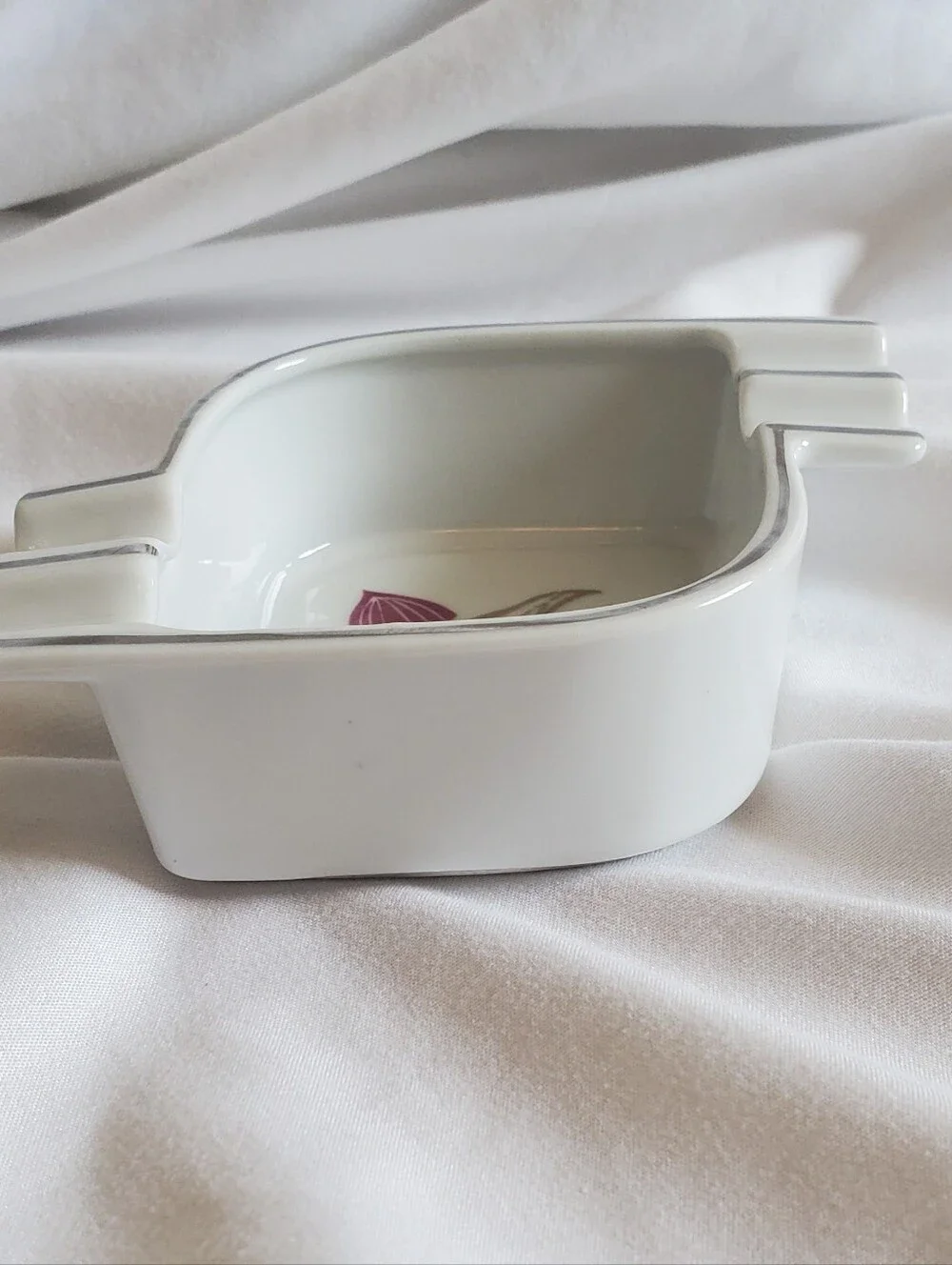 Ucagco China Vintage White Porcelain Ashtray with Gold and Plum Floral Accent